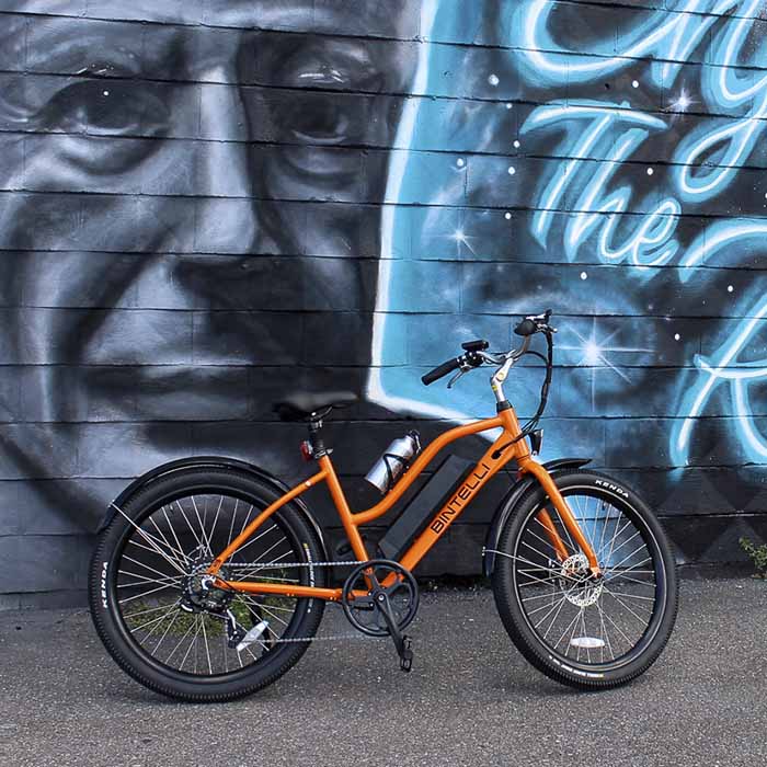 Bintelli B1 electric cruiser bike in orange with 20 mph Speed and 350w motor